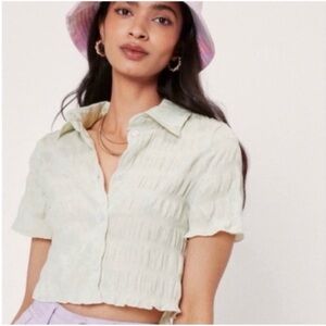 Nasty Gal Sage Textured Check Button Down Cropped Shirt Small